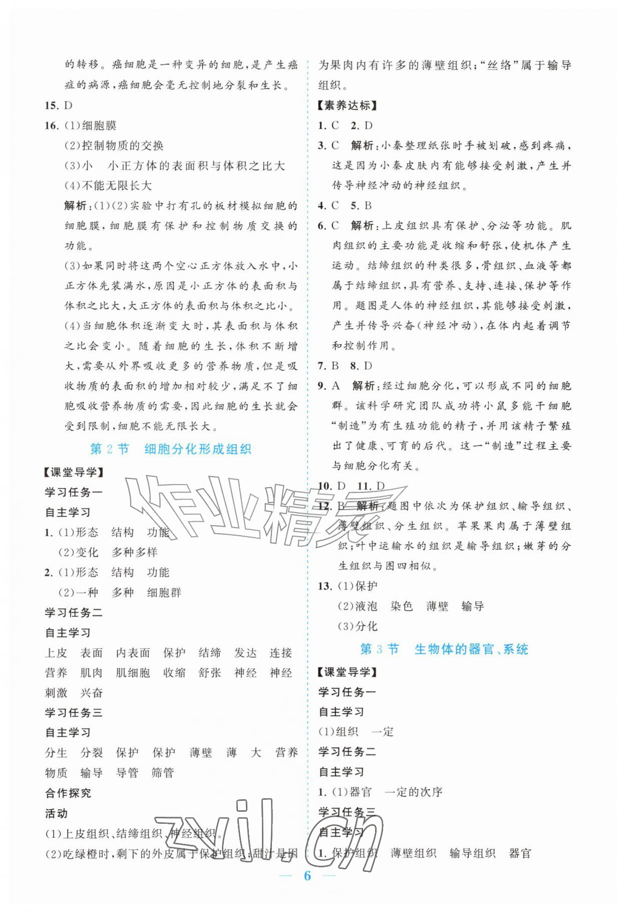 2026年新课程同步练习册七年级生物上册北师大版&nbsp;参考答案第6页