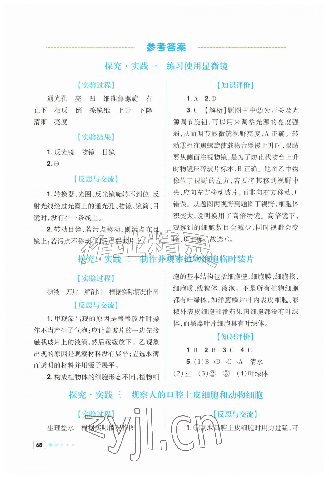 2026年初中实验探究报告册七年级生物上册人教版&nbsp;参考答案第1页