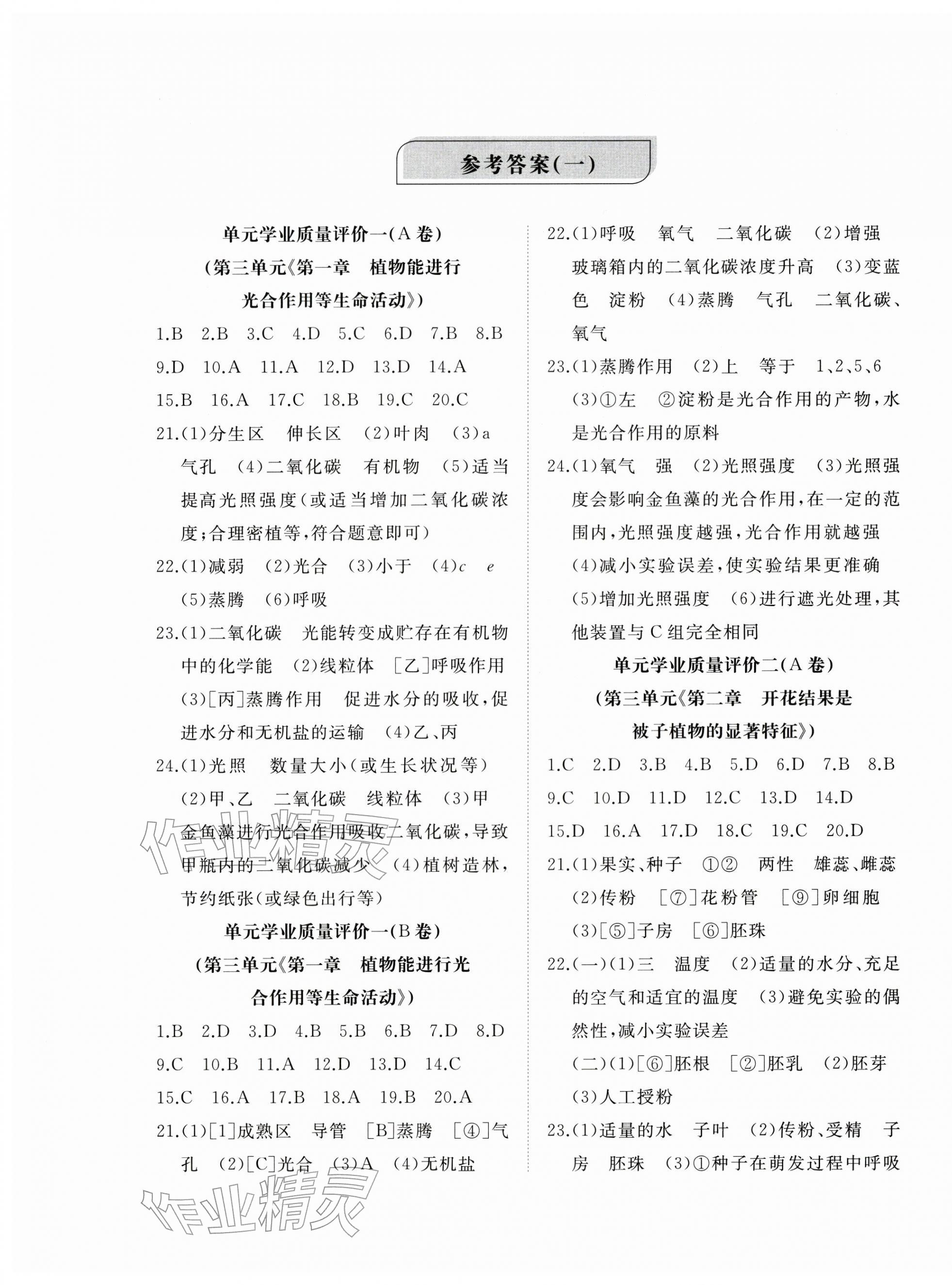 2026年精练课堂分层作业七年级生物下册济南版&nbsp;参考答案第1页