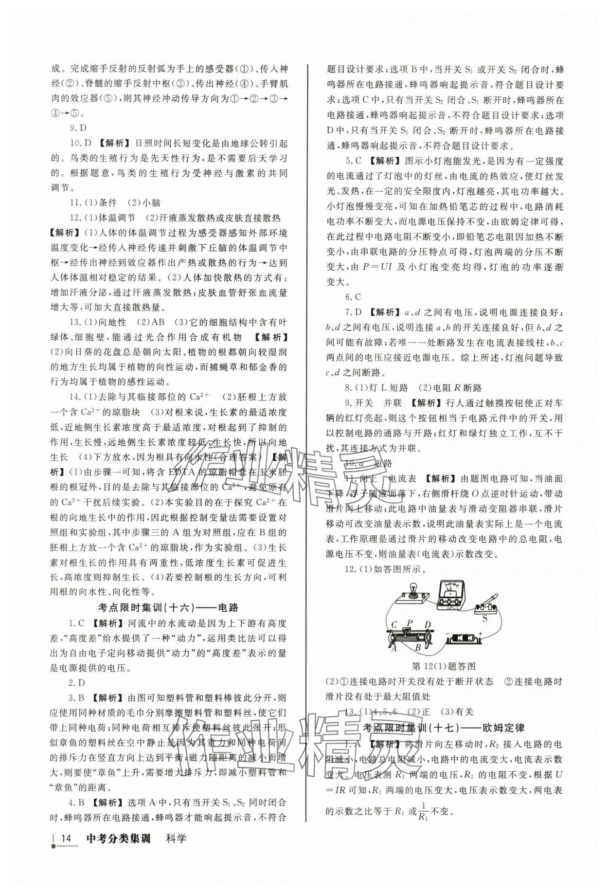 2024年浙派名师中考方略分类集训科学浙教版浙江专版&nbsp;参考答案第13页