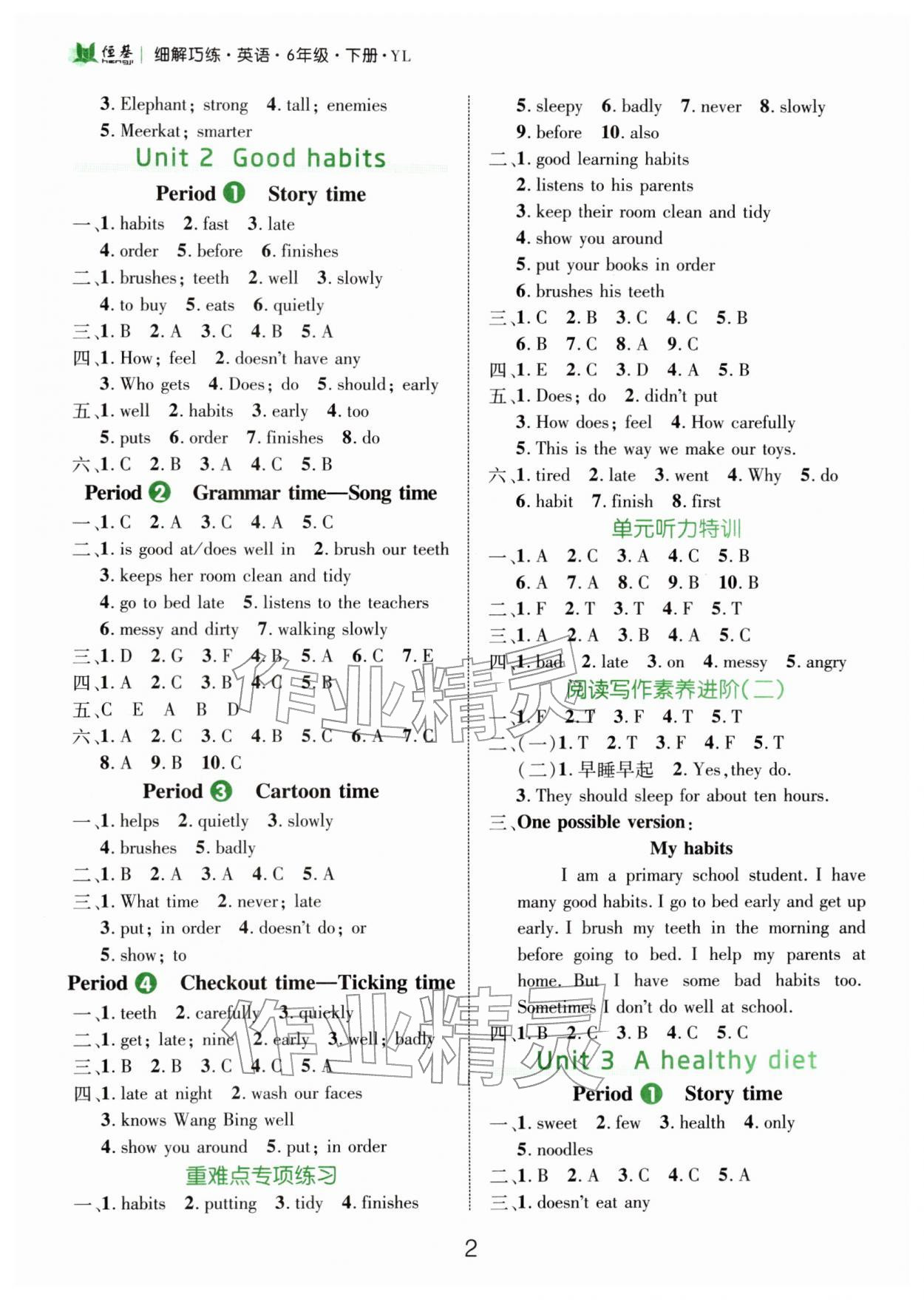2026年细解巧练六年级英语下册译林版&nbsp;参考答案第2页
