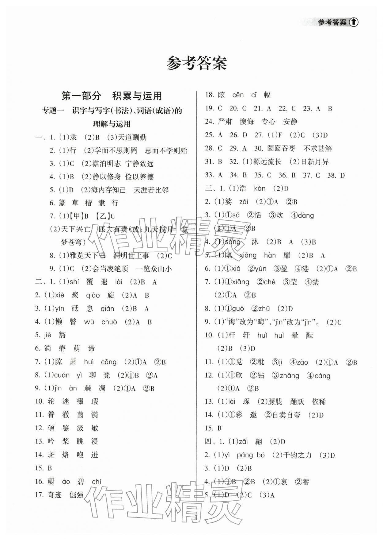2026年海南中学中考总复习语文人教版&nbsp;参考答案第1页