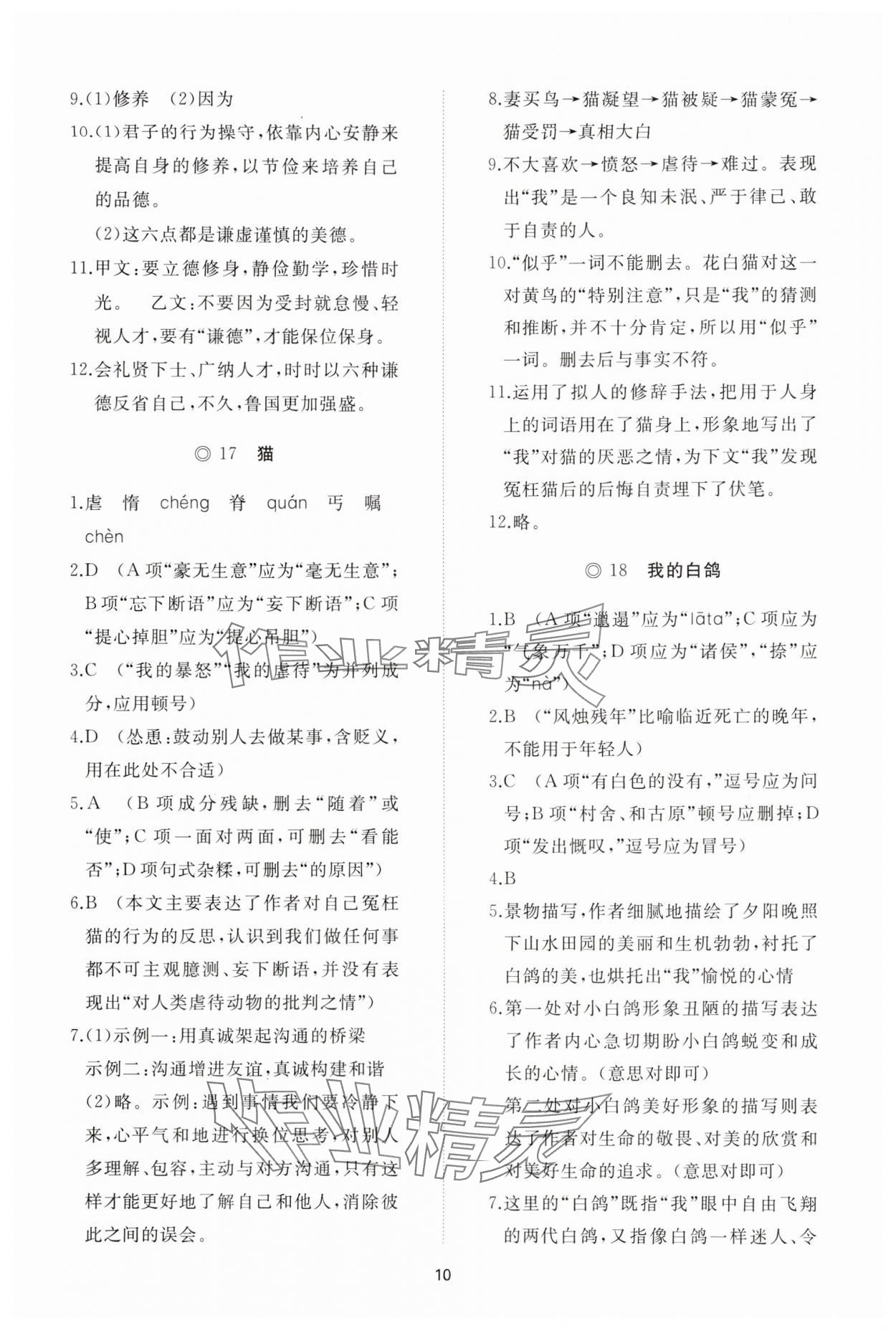 2025年同步练习册智慧拓展七年级语文上册人教版菏泽专版&nbsp;参考答案第10页