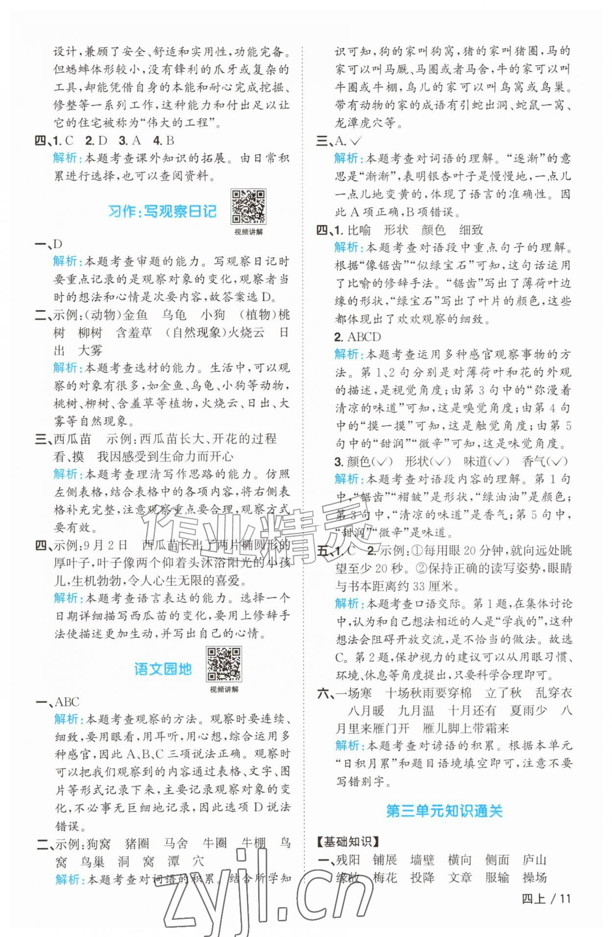 2026年阳光同学课时优化作业四年级语文上册人教版菏泽专版&nbsp;参考答案第11页