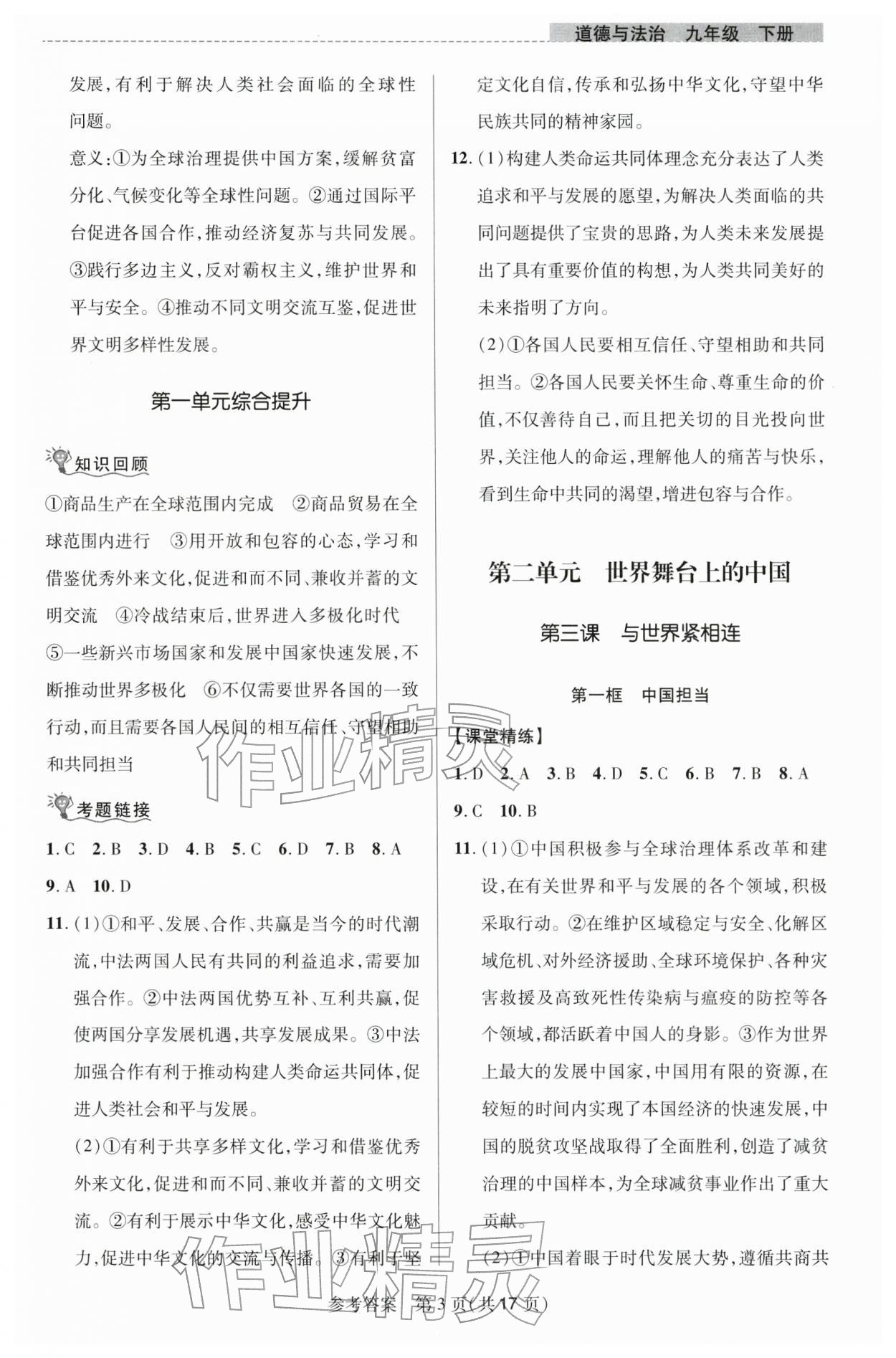 2026年课堂精练九年级道德与法治下册人教版河南专版&nbsp;参考答案第3页