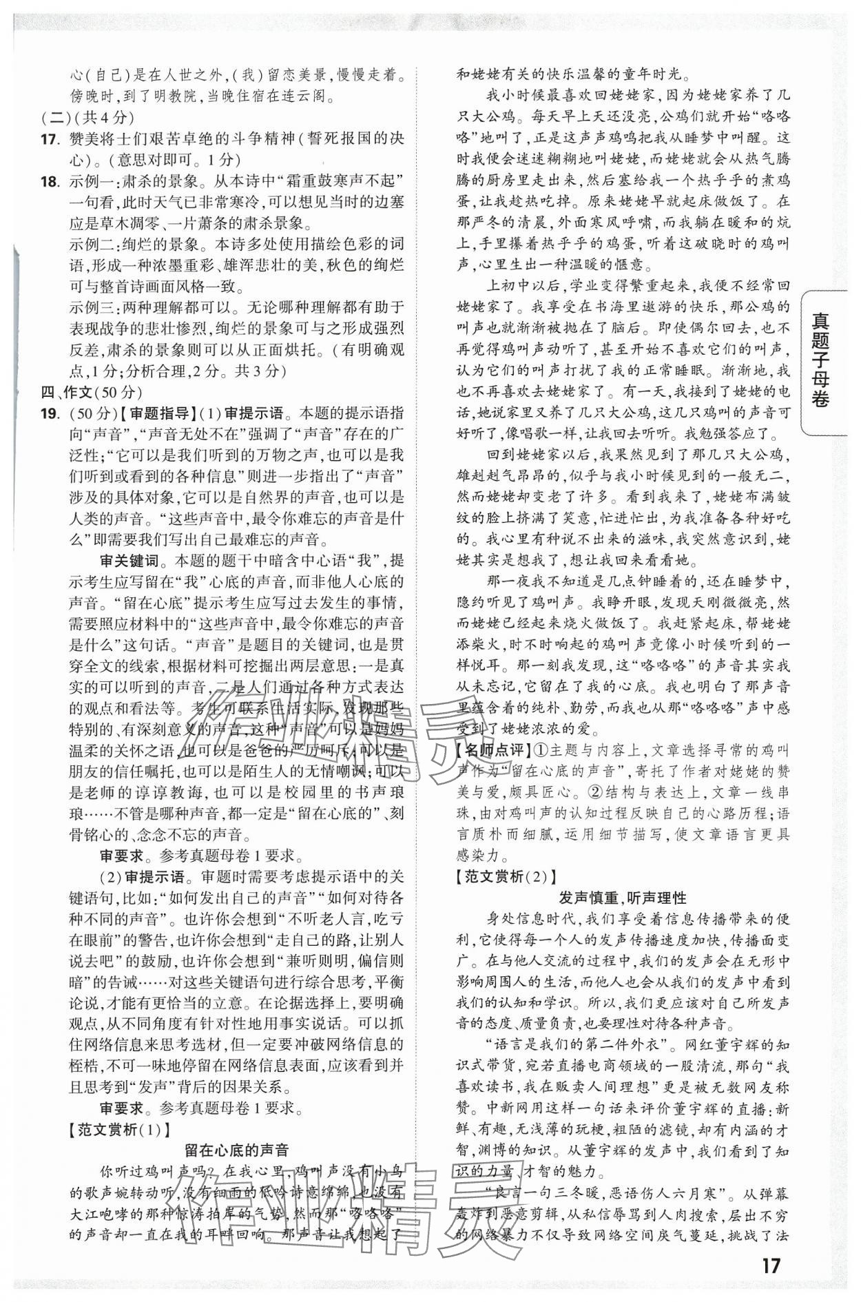 2024年万唯中考真题子母卷语文河南专版&nbsp;参考答案第17页