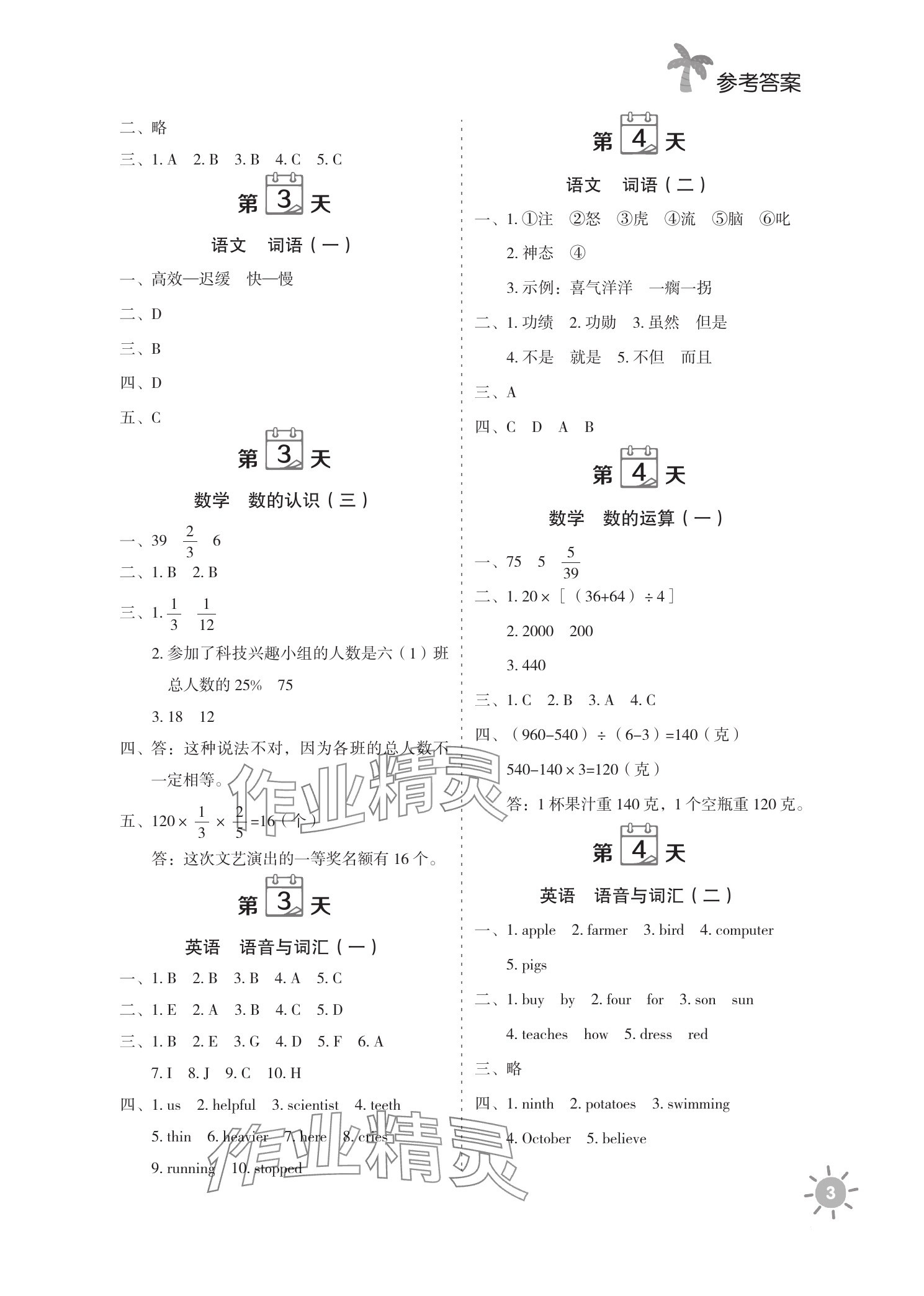 2025年天天向上暑假预复习一本通六年级&nbsp;参考答案第3页