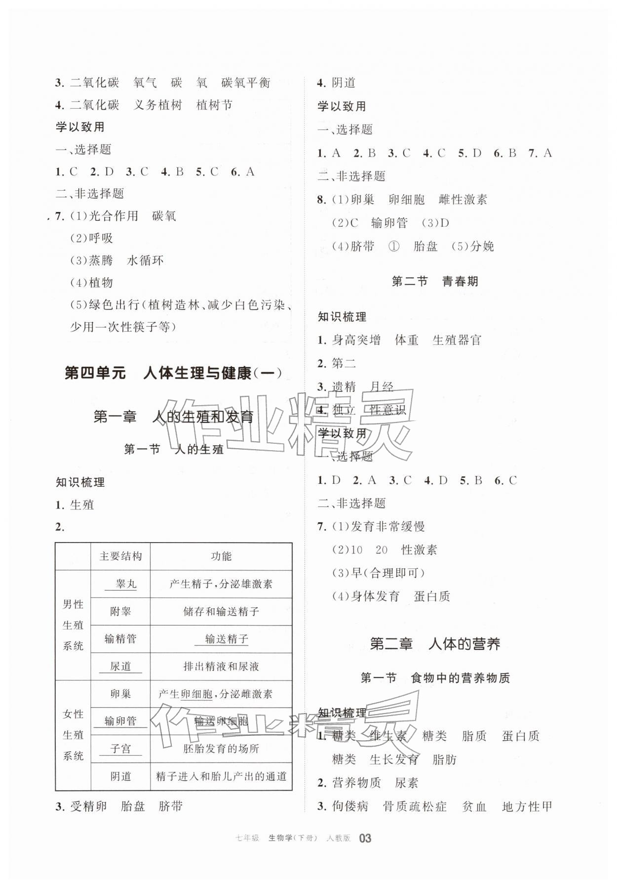 2026年学习之友七年级生物下册人教版&nbsp;参考答案第3页