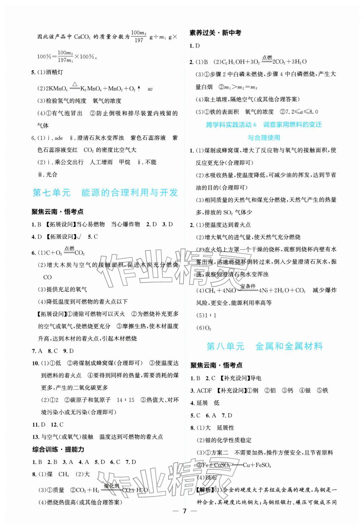 2026年云南中考提分攻略化学&nbsp;参考答案第7页