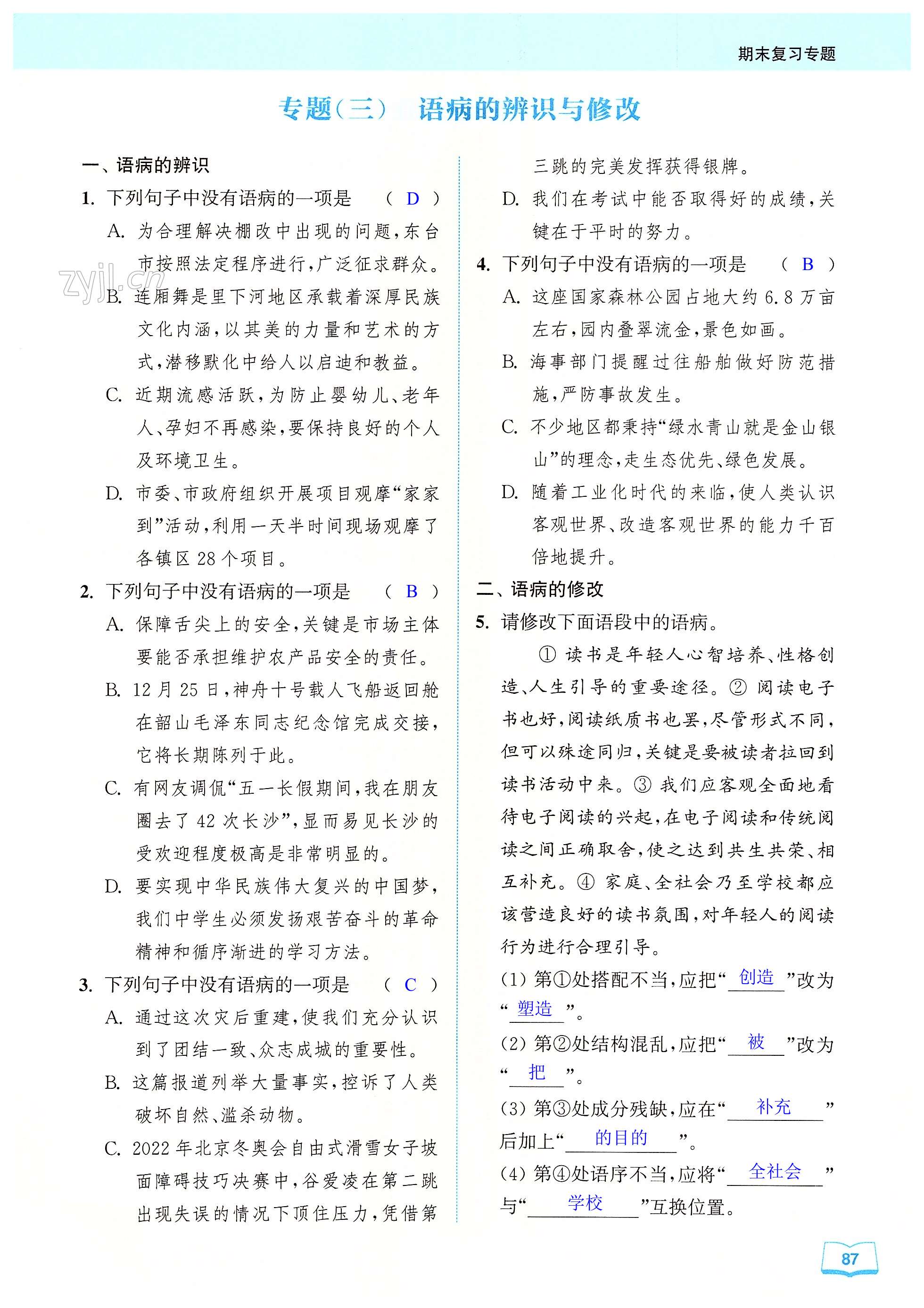 专题(三) 语病的辨识与修改 - 第87页