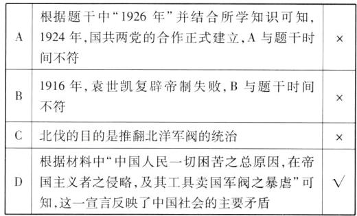 D国主义者之侵略及其工具卖国军阀之暴虐可知这一宣言反映了中国社会的主要矛盾